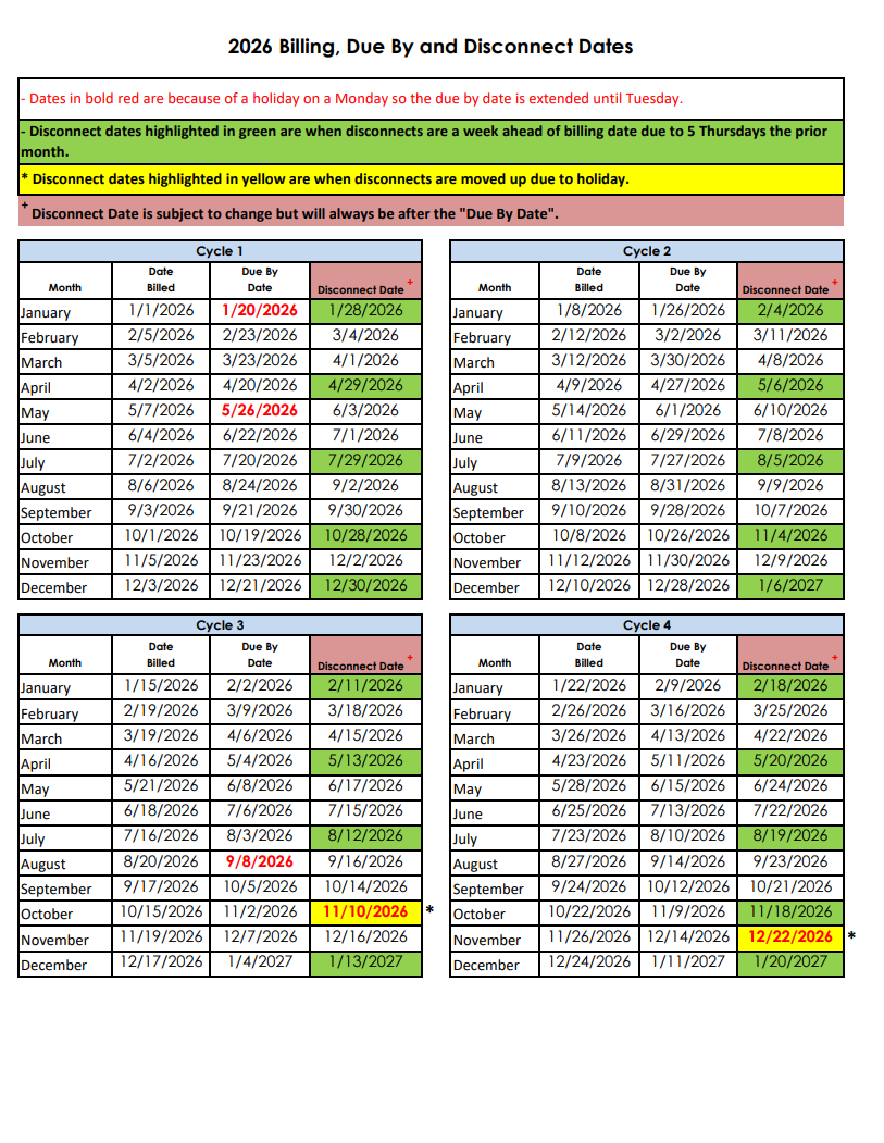 2026 Water Billing Calendar with Due By and Disconnect Dates