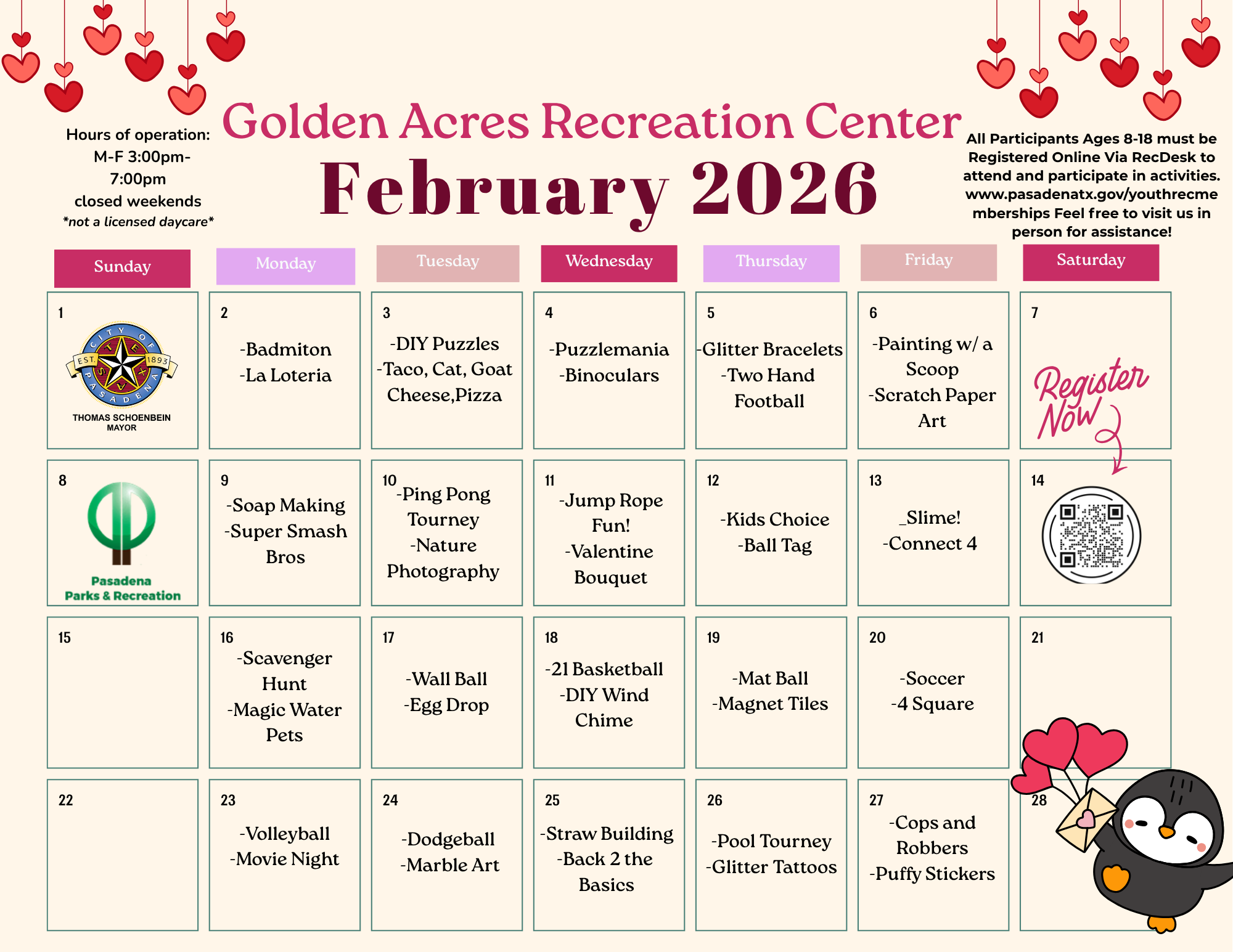 Golden Acres February Calendar 2026