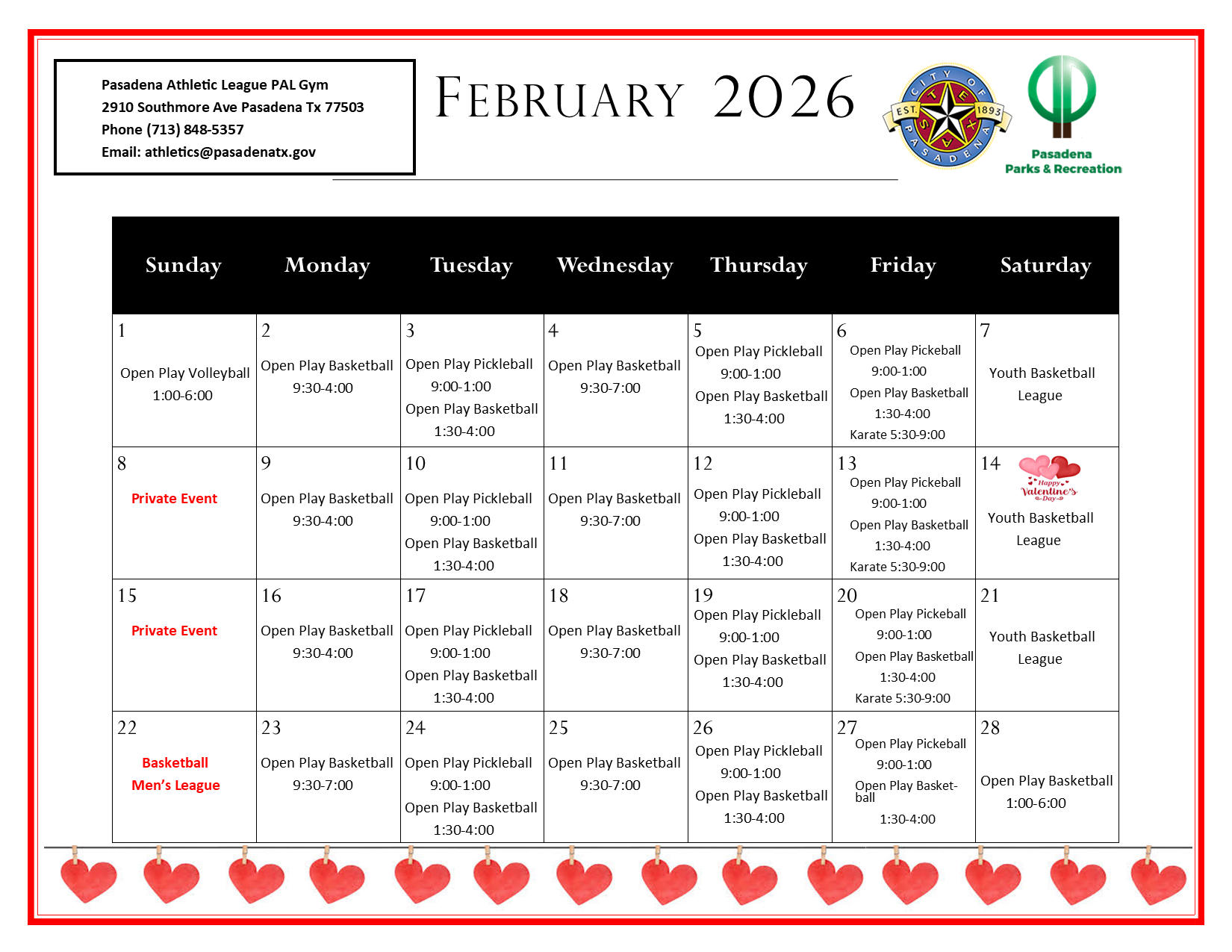 PAL Gym February Calendar