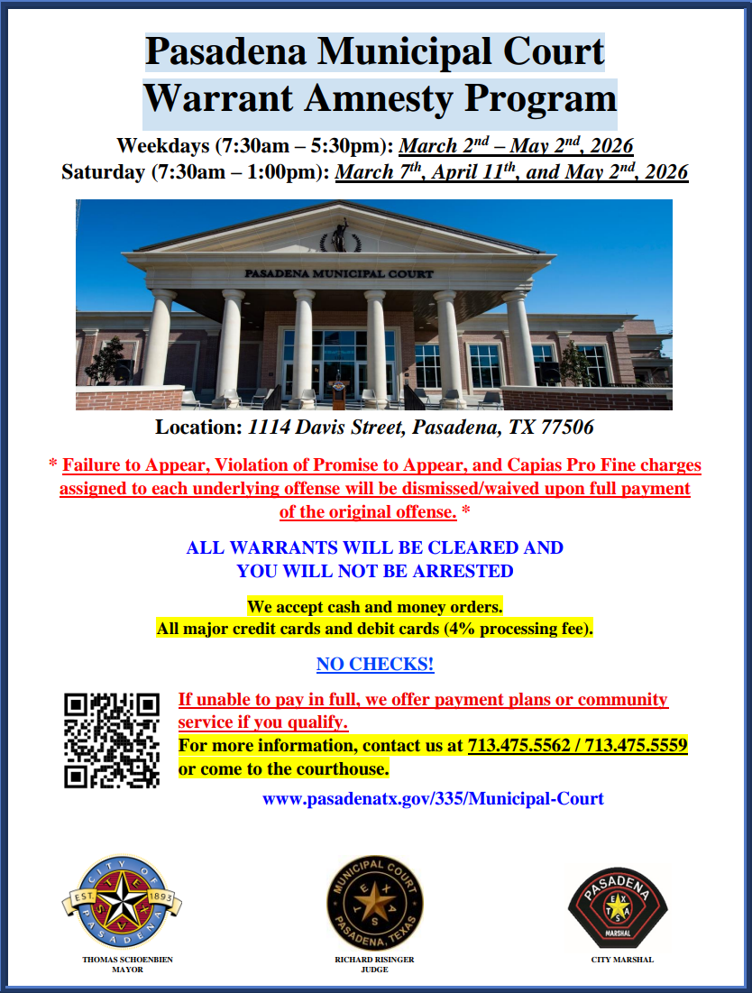 Pasadena Municipal Court Warrant Amnesty Program (Spring 2026)