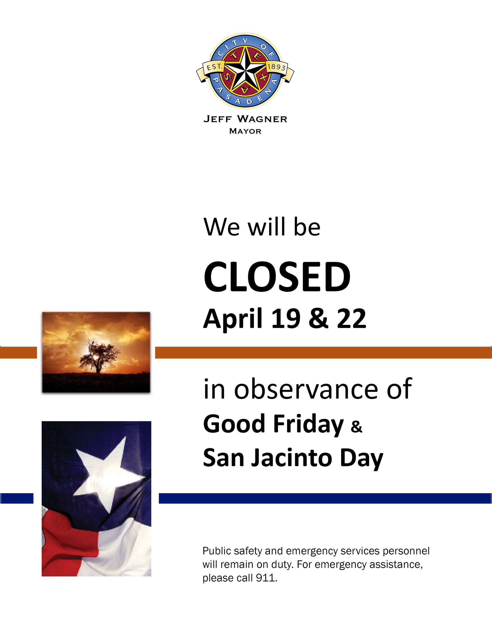 City Hall Closed Good Friday and San Jacinto Day