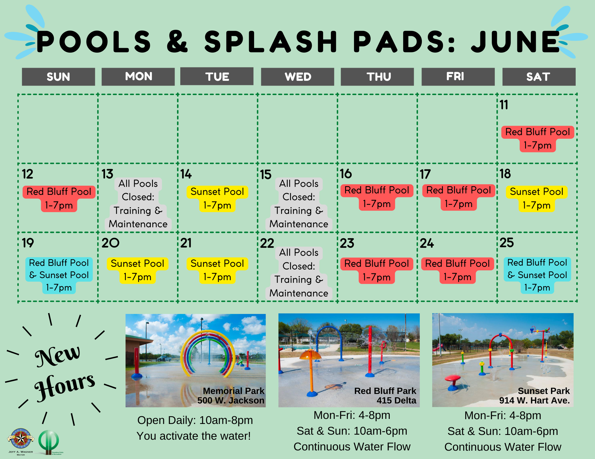 Monthly Calendar pools and splash pads - June 2022