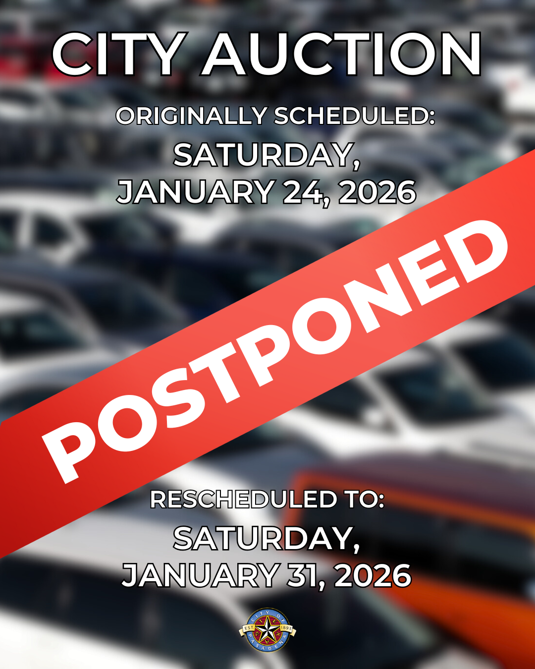 City Auction Rescheduling Announcement for January 24, 2026.